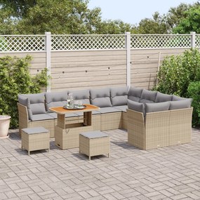 12 Darabos Kert Sofa Szett Párnákkal Bézs Poli Rattan Akácia