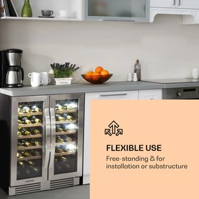 Klarstein Vinovilla Duo 42, 2 zónás borhűtő, 126 liter, 42 palack, 3 színű LED világítás, üvegajtó
