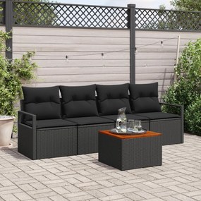 5 darabos Kerti Kanapé Szett Párnákkal Fekete Poli Rattan Akácfa, 2 Személyes Kerti Kanapé Párnákkal Fekete Poli Rattan