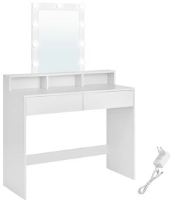 Fésülködőasztal, sminkasztal tükörrel, LED világítással, 2 fiókkal, fehér 100x40x145cm