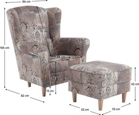 Füles fotel puffal, szövet vintage minta, ASTRID