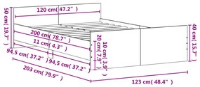 barna tölgyszínű fém ágykeret fej- és lábtámlával 120 x 200 cm