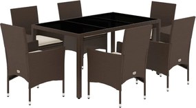 vidaXL 7 részes barna polyrattan/üveg kerti étkezőgarnitúra párnákkal