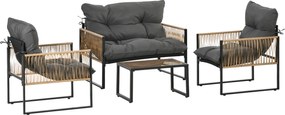Outsunny 4 részes Rattan Kerti Bútor Szett, Párnázott Ülőgarnitúra, Terasz Szett 1 Üvegasztallal, 2 Karosszékkel, 1 Két személyes Kanapéval, Ülőgarnit