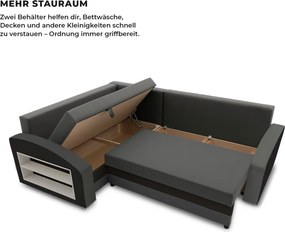 Grande sarokkanapé polcokkal , polc a bal karfaban, baloldali, szövet anyag, bonell töltet, szürke - fekete