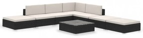 8-részes fekete polyrattan kerti bútorszett párnákkal
