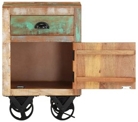 Tömör újrahasznosított fa éjjeliszekrény kerekekkel 40x30x57 cm