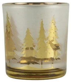 Teamécses tartó üveg, fenyőfa és szarvas sziluettel, arany színű, 8 cm