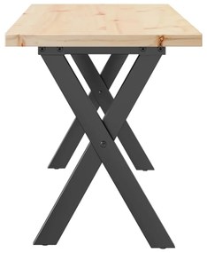 Tömör fenyőfa és acél X-vázú dohányzóasztal 110x40x45,5 cm