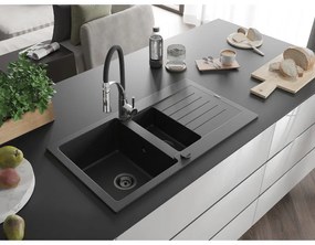 Mexen Matias, gránit mosogató 900x505x200 mm, 1,5 kamrás és Aster mosogató csaptelep, fekete-ezüst metál, 6502-73-73450-07-B