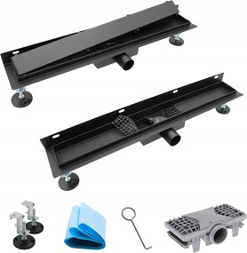 Lineáris lefolyó 70cm Falra szerelhető Alacsony Fekete Padló 2in1 Rozsdamentes acél