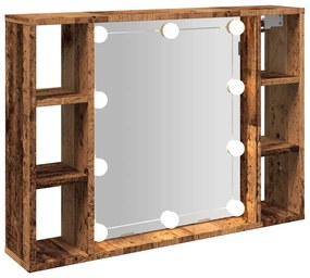 antik fa színű szerelt fa tükrös szekrény LED-ekkel 76x15x55 cm