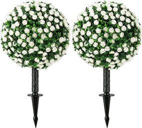 HOMCOM 2 db mesterséges rózsa-topiárium, 55 cm, UV-álló, 306 fehér rózsa és talajszúró – nappali, hálószoba, iroda, kert | Aosom