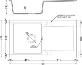 Mexen Leo gránit mosogató 1-medencés csöpögtetővel 900 x 500 mm, bézs, króm szifon - 6501901010-69