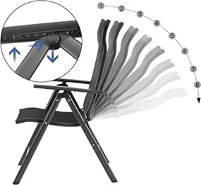2 db összecsukható kerti szék, 8 szögben dönthető háttámlával, max. Székenként 150 kg teherbírás, fekete