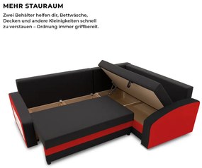 Grande sarokkanapé polcokkal , polc a bal karfaban, jobboldali, szövet anyag, bonell töltet, fekete - piros