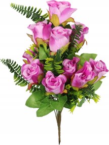 10 rózsás csokor páfrányokkal, lila virágok