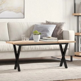 Tömör fenyőfa és acél X-vázú dohányzóasztal 110x40x45,5 cm