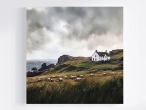 Vászonkép Canvas Tájkép Kilátás Írország Tengerparti Ház Rét Bárányok 40x40