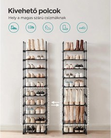 10 szintes keskeny cipőtartó, moduláris fém cipőtároló akár 20 pár cipőhöz, 45 x 30 x 174 cm, fekete