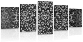 5 részes kép Mandala absztrakt mintával fekete fehérben