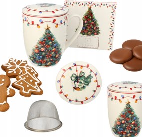 Ünnepi bögre kávéhoz, teához, porcelán Livello teáskészítővel, 350ml, karácsonyfa mintával