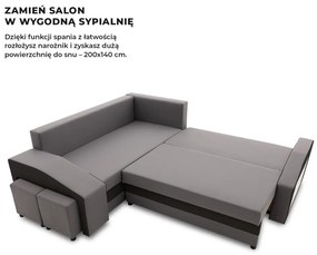 Grande sarokkanapé polcokkal és puffokkal , polc a jobb karfaban puffok a bal karfaban, baloldali, szövet anyag, hab töltet, szürke - fekete