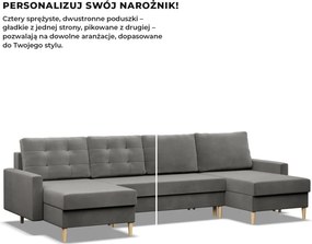 Etna U alakú sarokkanapé, 3 ágyneműtartóval, bársony, univerzális oldal, bonell töltet, világosszürke