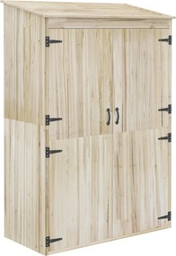 Outsunny Lucfenyő Kerti Szekrény 2 Ajtóval, Eszköztároló Polcokkal és Dőlt Tetővel, 120x57x183cm, Természetes | Aosom
