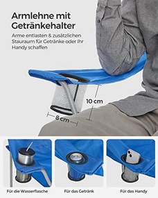 2 db összecsukható kempingszék, kényelmes, nagy teherbírású szerkezet, max. Terhelhetőség 150 kg, pohártartóval, kék