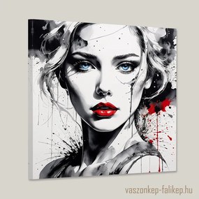 Vörös ajkak, kék szemek – Modern prémium falikép | Elegáns kontraszt 40x40cm