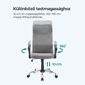 Ergonomikus irodai forgószék párnázott ülőfelülettel, hintamechanikával, állítható magassággal, 120 kg teherbírással, szürke