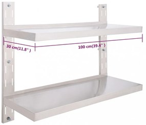 kétszintes rozsdamentes acél falra szerelhető polc 100 x 30 cm