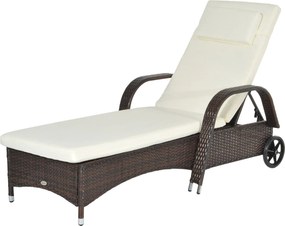 Outsunny Polyrattan Napozóágy 5-fokozatú Állítható Háttámlával, Párnával, Kerekekkel, 160kg Teherbírással, Napozóágy Kerthez, 200x73x30-103cm, Kávébar