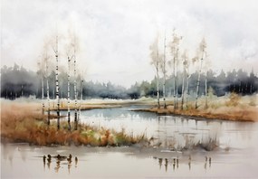 Flizelin fotótapéta Nyírfa tó köd tájkép 250x175 +ragasztó