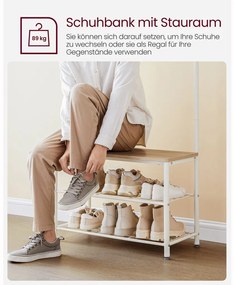 Előszoba fogas polccal, akasztókkal, cipőtartóval és ülőkével, tölgy és fehér 175x70x32cm