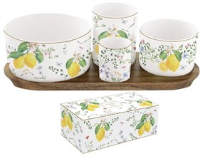 Porcelán kínáló tálka szett akácfa tálcán - Fleurs et Citrons