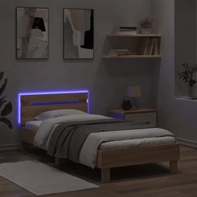 sonoma tölgy színű ágykeret fejtámlával és LED-ekkel 90x200 cm