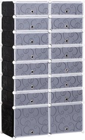 HOMCOM Cipődoboz 16 darabos készlet, halmozható cipőorganizáló, cipőtároló tárolódobozok, polcrendszer ajtóval, fekete + fehér | Aosom
