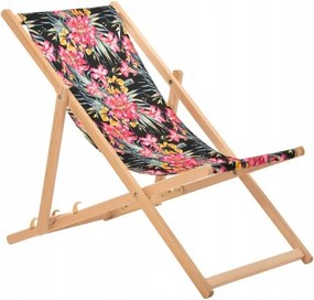 Fekete alapon virágmintás fa kerti napozóágy összecsukható terasz erkély