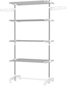 HOMCOM 4 szintes Ruhaszárító Torony Összecsukható Szárnyakkal, Kerekekkel, Belső és Külső Használatra, 142 x 55 x 172 cm, Fehér | Aosom