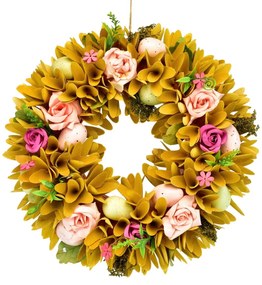 Tavaszi koszorú fából készült forgácsokból,rózsákkal, 30 cm