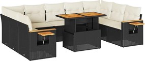 vidaXL 10 részes fekete polyrattan akácfa kerti ülőgarnitúra párnákkal