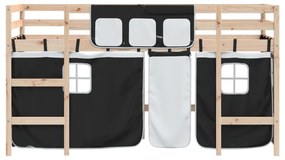 fehér-fekete tömör fenyő gyerek galériaágy függönnyel 90x190 cm