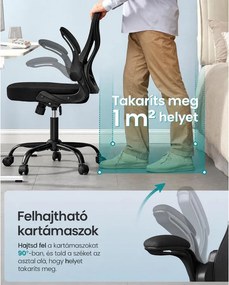 Ergonomikus irodai szék hálós háttámlával, deréktámasszal és felhajtható kartámasszal, fekete