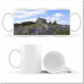 Nyomott mintás bögre Lila virágok domb