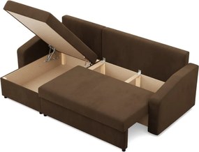 Zeus sarokkanapé, 2 ágyneműtartóval, döntött kartámasz, szövet anyag, univerzális oldal, bonell töltet, barna