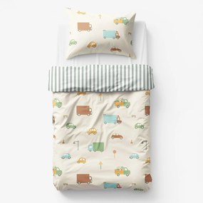 Goldea gyermek pamut ágyneműhuzat - az autók világa, zsálya színű csíkos hátoldal 150 x 200 és 50 x 60 cm