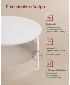 VASAGLE kerek dohányzóasztal tárolóval, matt fehér és kamelbarna színben