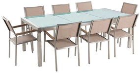 Nyolcszemélyes étkezőasztal repedezett üveglappal és bézs textilén székekkel GROSSETO Beliani